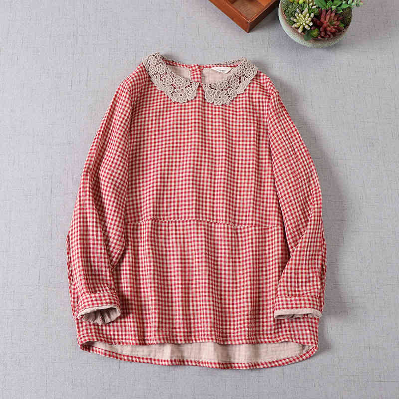 Women&#039;s Blouses & Shirts Lamtrip Sweet Retro Super Soft Cotton Yarn Plaid Lace Peter Pan Collar Long Sleeve Shirt Blouse 2021 QAYM