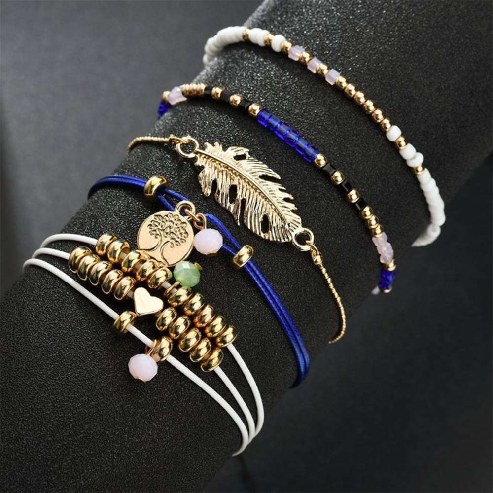 Friendship bracelet combination set 5-piece women&#039;s summer crystal bead feather peach heart wax rope hand knitting