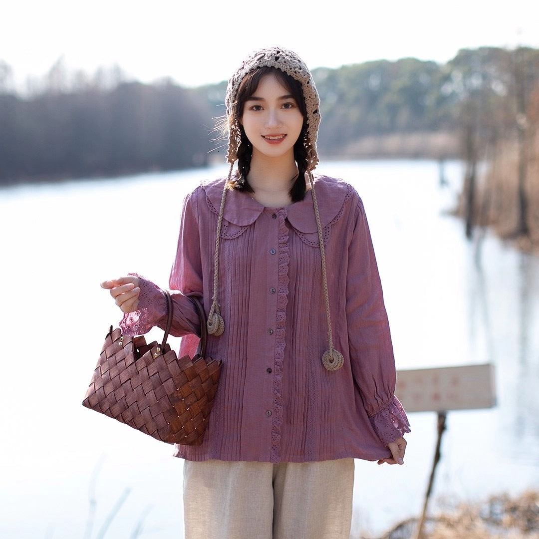 Women&#039;s Blouses & Shirts Lamtrip Unique Quality Natural Linen Petal Peter Pan Collar Pleated Delicated Loose Plus Size Shirt Blous