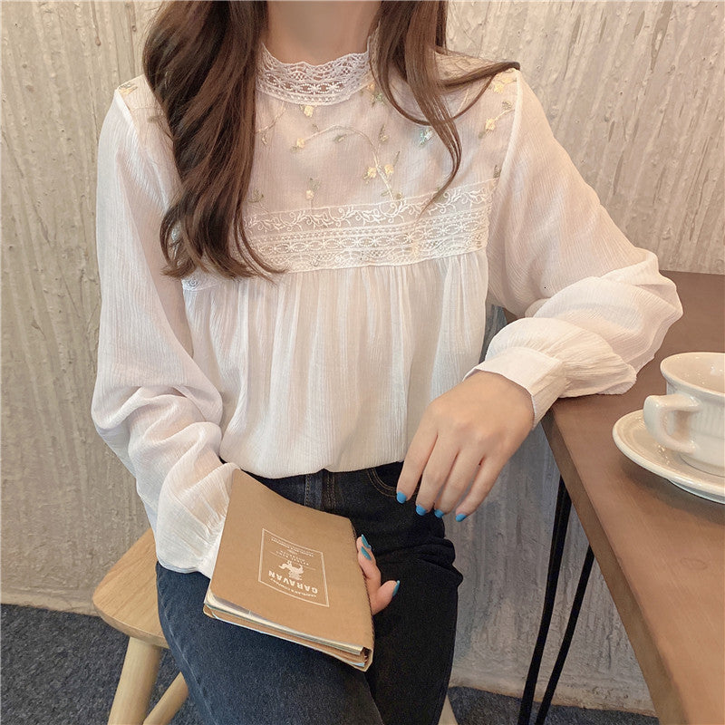 Women&#039;s Blouses & Shirts Lamtrip Lolita Rustic Embroidery Lace Patchwork Stand Collar Long Sleeve Sweet Shirt 2021 Spring Summer Q
