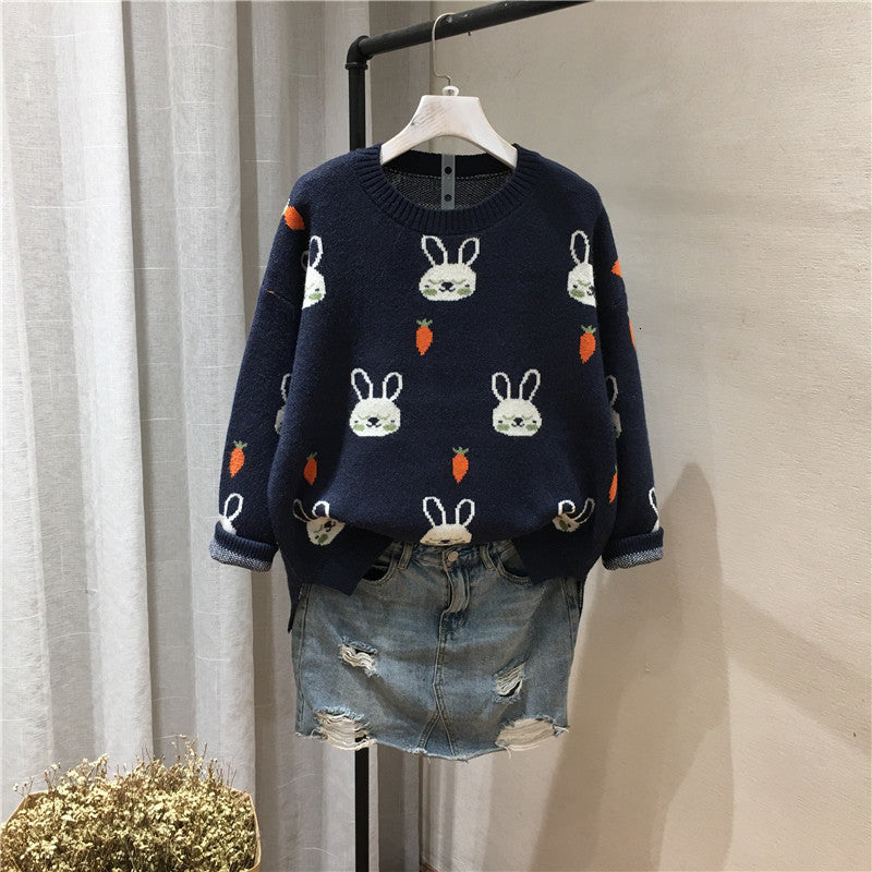 Women&#039;s T-Shirt Lamtrip Unique Sweet Bunny Rabbit Carrot Pattern O-neck Sweater Korean Chic Women Mori Knitting Pullovers Preppy S