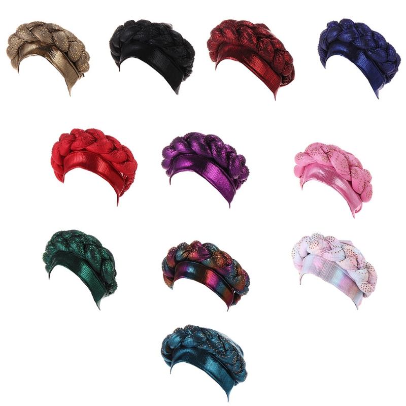 Braid Turban Hat Bright Silky Wraps Flashing Head Rhinestones Beads Bonnet Cap Shiny Headwear For Women 68UA Beanie-Skull Caps