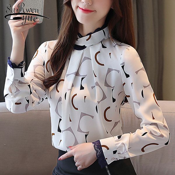 Fashion Women Shirts Printing Lace Sleeve Pullovers Long Shirt Tops White Chiffon Blouses 6451 50 210508