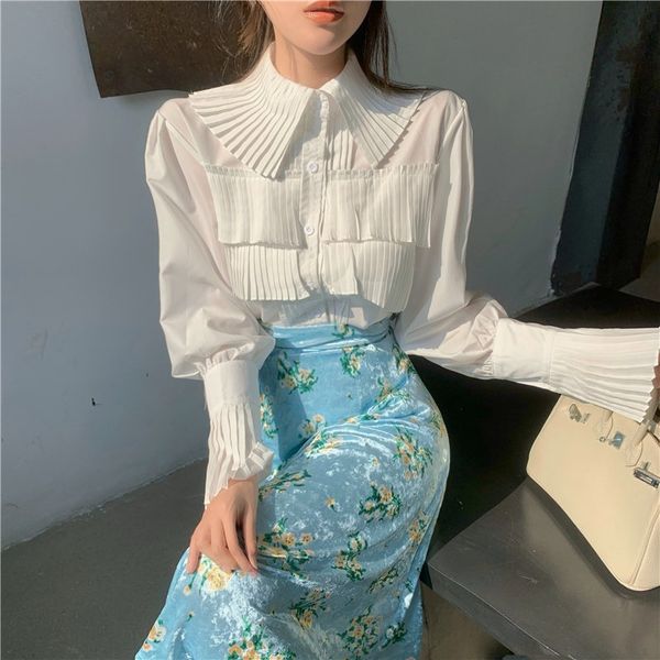 Spring Women Casual 2 Piece Set Blouse Peter Pan Collar Puff Sleeve Shirt+Empire Waist Velour Blue Print Skirt 8P028 210510