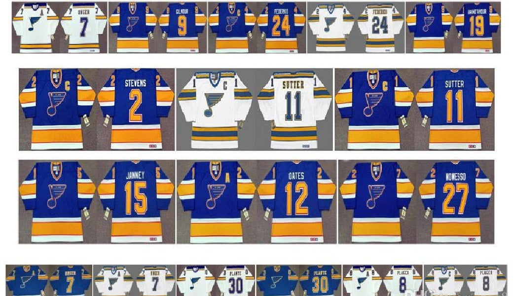 Vintage St. Louis Blues Jersey 24 BERNIE FEDERKO 19 Rod Brind&#039;amour 7 GARRY UNGER 8 BARCLAY PLAGER 30 Jacques Plante Blue White CCM Hockey
