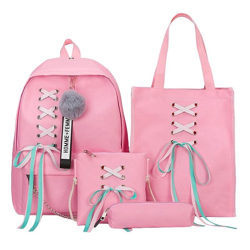 School Bags FGGS-4Pcs-Set Ribbon Chain Bowknot Letter Canvas Backpack Travel Rucksacks Leisure Backpacks For Teenage Girls Bagpack