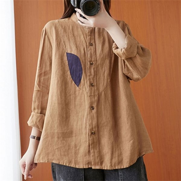 Autumn Arts Style Women Long Sleeve Loose Shirts Turn-down Collar Cotton Linen Patchwork Vintage Blouses Plus Size M507 210512