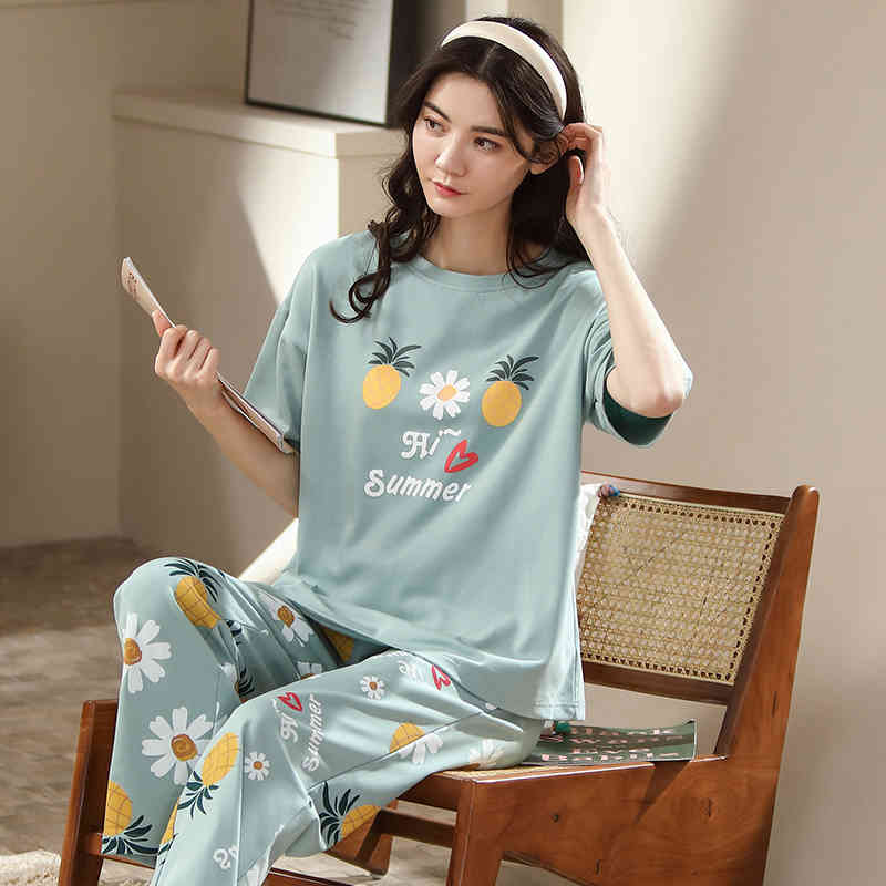 Women&#039;s Sleepwear Cartoon Pajamas For Women Set Summer Kawaii Cotton Short Sleeve Long Pants Home Clothes Female Loose Homewear Pi