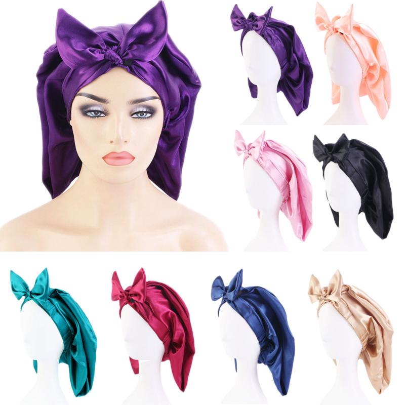 Women Flower Print Hair Bonnet Elastic Long Sleep Cap Silk Turban Night Hat Chemo Caps Satin Bowknot Headwear Head Cover Wraps Beanie-Skull