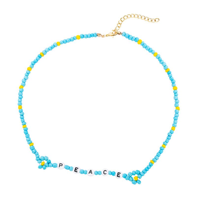 Fashion Blue And White Rice Beads Irregular English Letters Necklace Trend Hip-hop Style Clavicle Chain Accessories Chokers