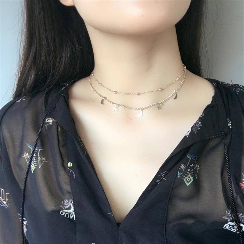 Han Edition Women Contracted Temperament Double Moon Stars Short Necklace Round Pearl Collar Bone Chain Collars Chokers