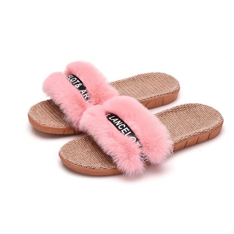 Women&#039;s Candy Flat Furry Linen Slippers Women Plush Fashion Flax Fluffy Flock Breathable Slides Faux Fur
