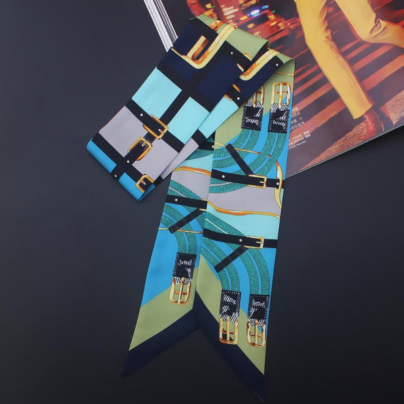 Blue Silk Scarf For Women Patchwork Rope Print Skinny Bag Brand Foulard Tie Fashion Head Scarves Ladies