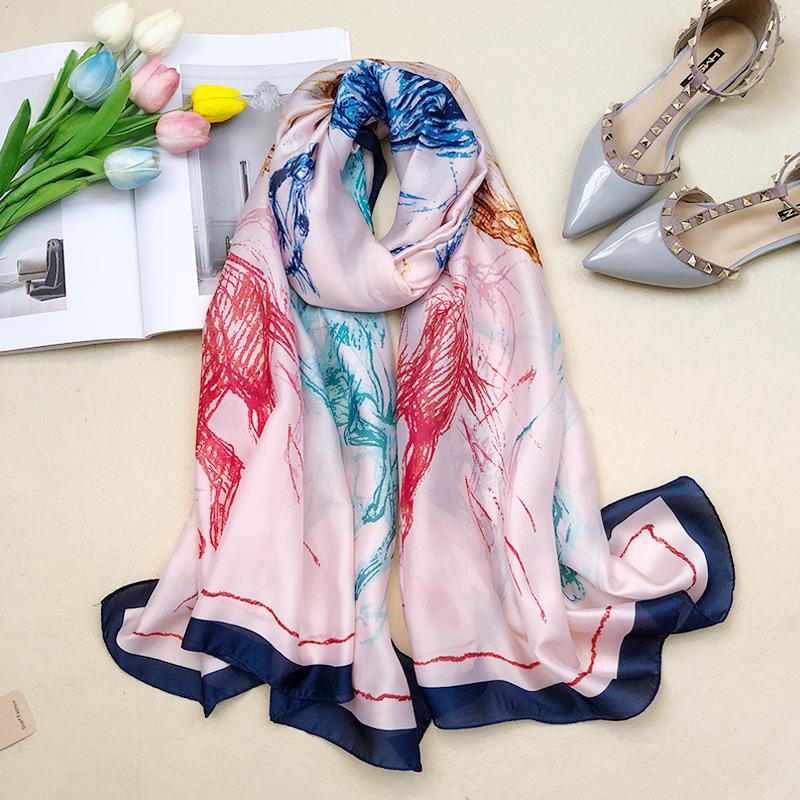Women Silk Scarves Hand-painted Color Four Horses Print Soft Large Size Lady Shawls And Wraps Summer Beach Stoles Scarf Bandanas
