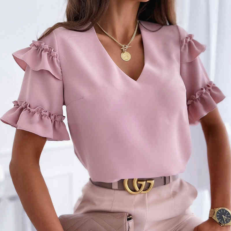 Women&#039;s Polos Summer V Neck Ruffles Print Blouses Women 2021 Casual Short Sleeve White Pink Work Blouse Ladies Chic Office Tops Sh
