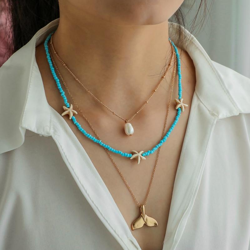 Pendant Necklaces Beach Style Pearl Choker Multi Layers Chain Necklace Starfish Fish Tail Statement Collar Women INS Ethnic Jewelry CN104