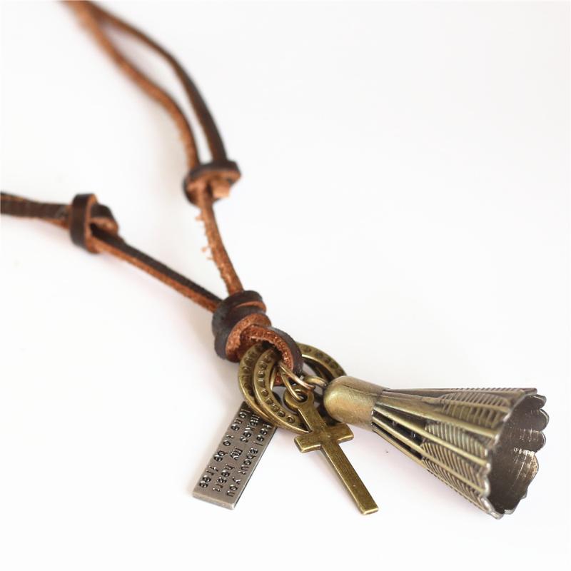 Pendant Necklaces Sport Brown Genuine Leather Long Sweater Chain Punk Bronze Hoops Cross Badminton Necklace Men Women Homme Jewelry