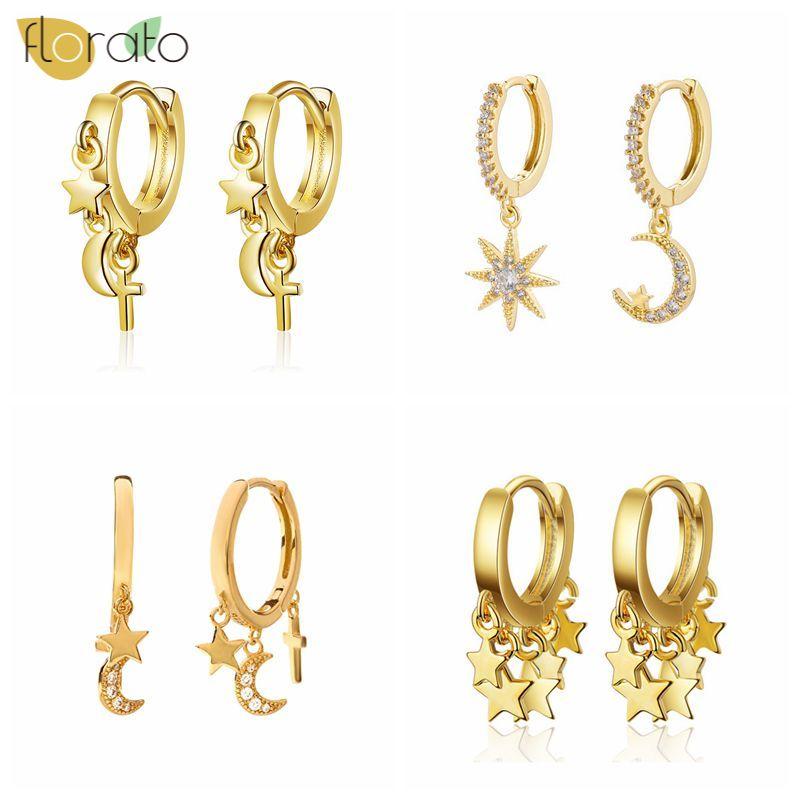 Hoop & Huggie Star Luxury 925 Silver Moon Cross Drop Earrings Gold Ins Zircon Small For Women Korean Jewelry Gift
