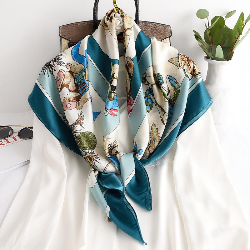 Scarves Silk Headscarf Spring Autumn Women Fashion Printing Large 90cm Square Scarf Lady Beach Travel Seaside Shawl
