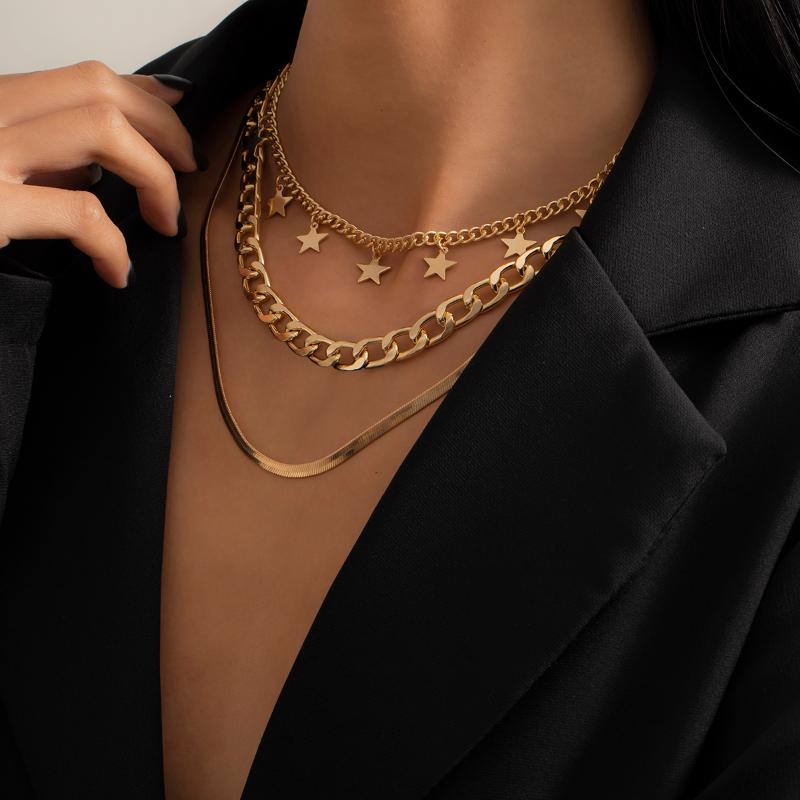 Chokers 3Pcs-Set Bohemian Layered Chunky Chain Choker Necklace Gold Color Star Pendant Set Snake For Women Jewelry