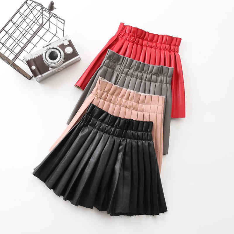 Skirts Girls Children&#039;s Clothing Kids Pleated Skirt For 3-7Y Casual Solid PU Leather Baby Girl VKW1