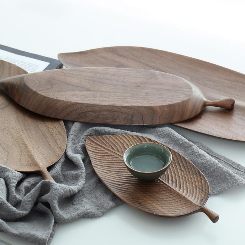 Dishes & Plates Japanese Style Black Walnut Leaf Plate Creative Wooden Tray Whole Wood Tea Log Dry Fruit Snack