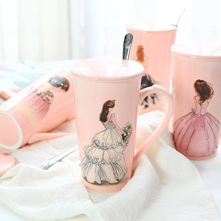 Mugs 3D Pink Beautiful Girls In Diamond Wedding Dress Coffee Mug With Spoon Lid Water Tea Milk Cup Creative Gift