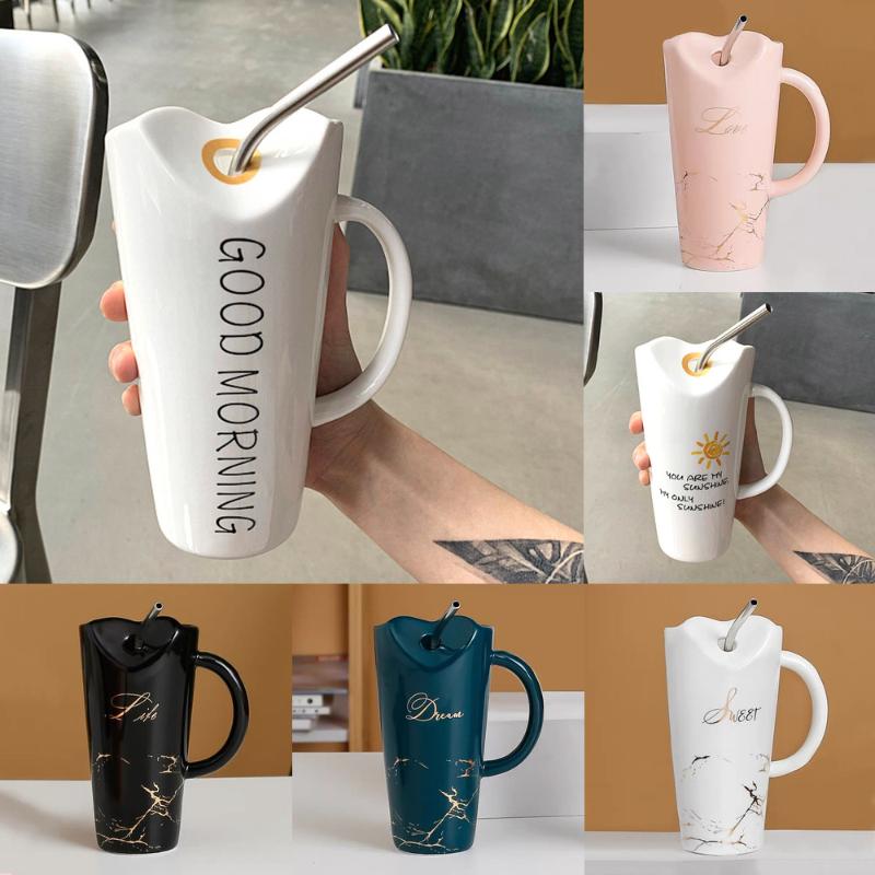 Mugs Creative Ceramics Coffee Mug Milk Tea Office Cups Drinkware With Stainless Steel Straw Birthday Christmas Gift