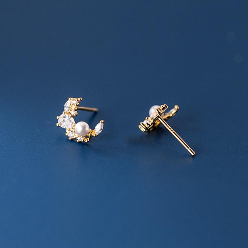Stud 925 Sterling Silver Cubic Zircon Moon Earrings Shell Pearl Classic Vintage Wedding Party Jewelry Mother&#039;s Day Gift