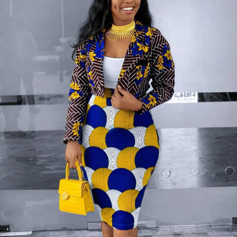 Women&#039;s Blouses & Shirts Women Two Pieces Set Printed Short Blazer and Pencil Skirts Long Sleeve Elegant Office Lady Fashion Work