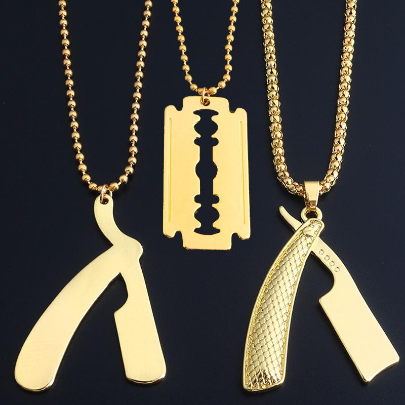 Pendant Necklaces RJ Sell Hip Hop Golden Alloy Razor Blade Pendants Barber Shears Charm Popcorn Chain Women Men Choker Gifts