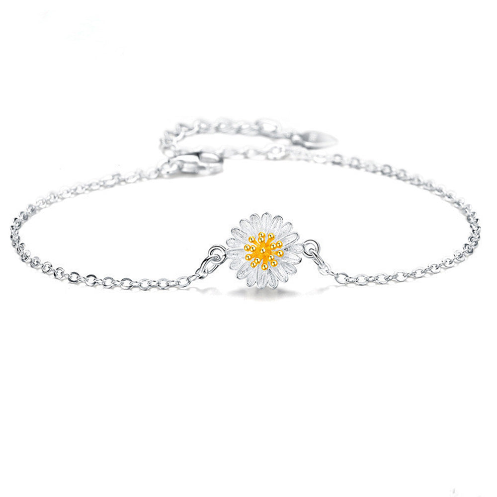 Real 925 Silver 16+4cm Daisy Bracelet 2 Tone Color Beautiful Flower Fine Jewelry Bangle Gift For Daughter