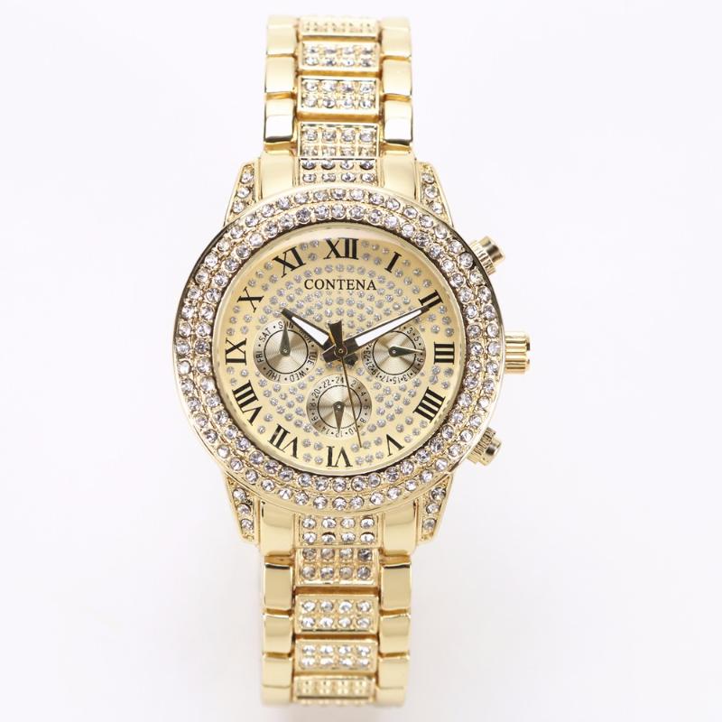 Wristwatches Gold Watch Women Geneva Lady Quartz-Watch Gifts For Girl Stainless Steel Full Rhinestone Wrist Watches