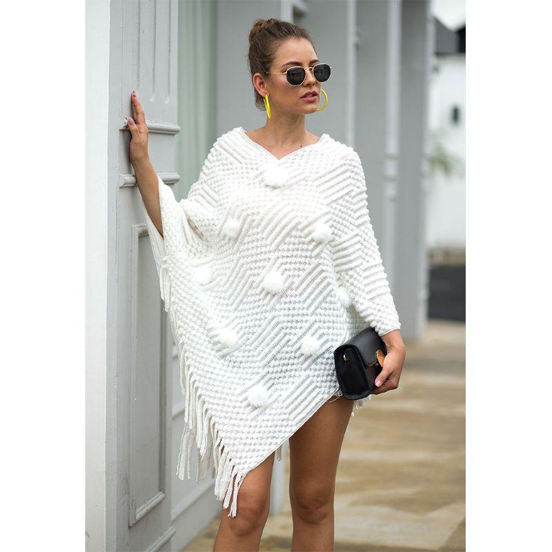 Scarves Women Cute Pom Poms Pullover Sweater Top Rhombus Striped Knitted Shawl Wrap Fringe Tassels Hem V-Neck Winter Poncho Cape