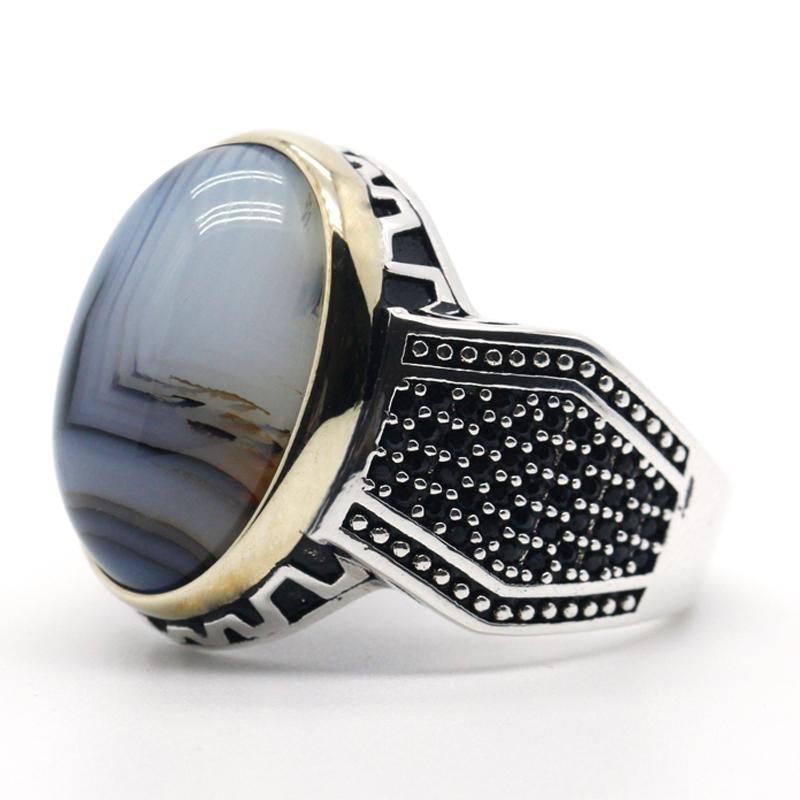 Cluster Rings Mens Ring With Agate Stone 925 Sterling Silver Natural Gemstone Vintage Geometric Turkish Fine Jewelry To Husband Gift