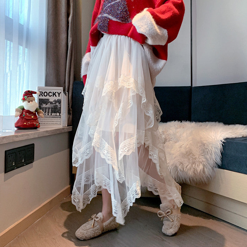 Skirts Net yarn skirt women sring autumn fairy black white irregular loose long super s female 9SNY