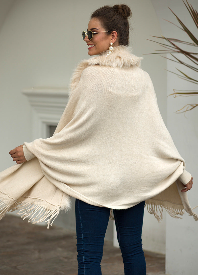 Women&#039;s Knits & Tees Fur Collar Winter Shawls And Wraps Bohemian Fringe Oversized Womens Ponchos Capes Batwing Sleeve Cardigan JFV
