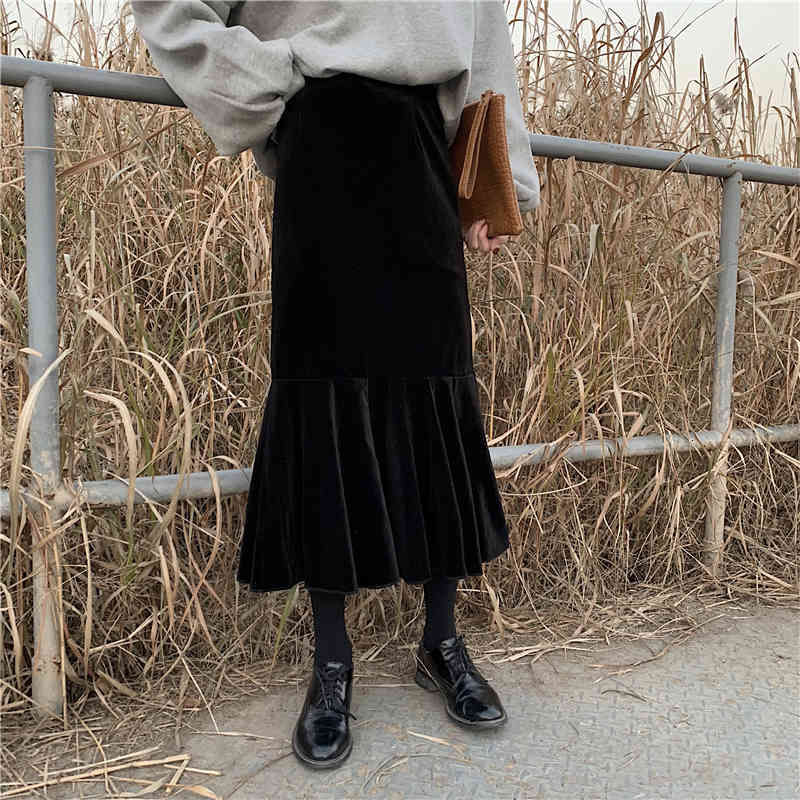 Skirts Fdfklak Autumn winter net red skirt women wave retro wild skirt high waist mid-long gold velvet fishtail skirts jupe femme UYAC