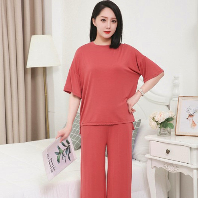 Women&#039;s Sleepwear Fat MM casual home clothes pijamas women spring summer shirt + 3-4 pant two piece set cotton pajamas loose pyjam