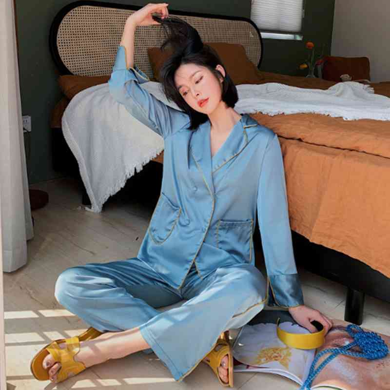 Women&#039;s Sleepwear High-grade Silk sleepwear pajamas women long sleeve autumn winter two piece set lapel fashion ladies nightwear p