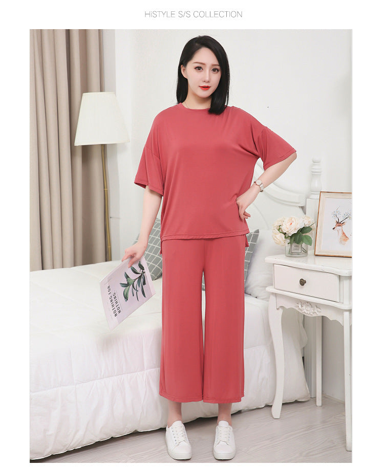 Women&#039;s Sleepwear Fat MM casual home clothes pijamas women spring summer t shirt + 3-4 pant two piece set cotton pajamas loose pyjama femme TY6