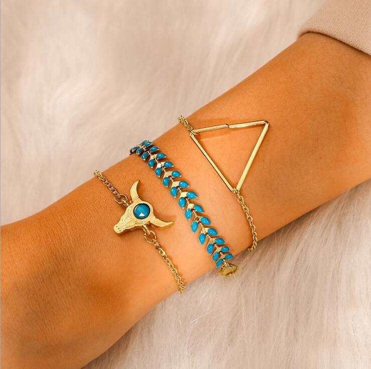 Link, Chain 3pcs Set Trendy Personality Wheat Triangle Joker Multielement Bracelet Adjustable Opening Bangle Bijoux Jewelry Gift B3163