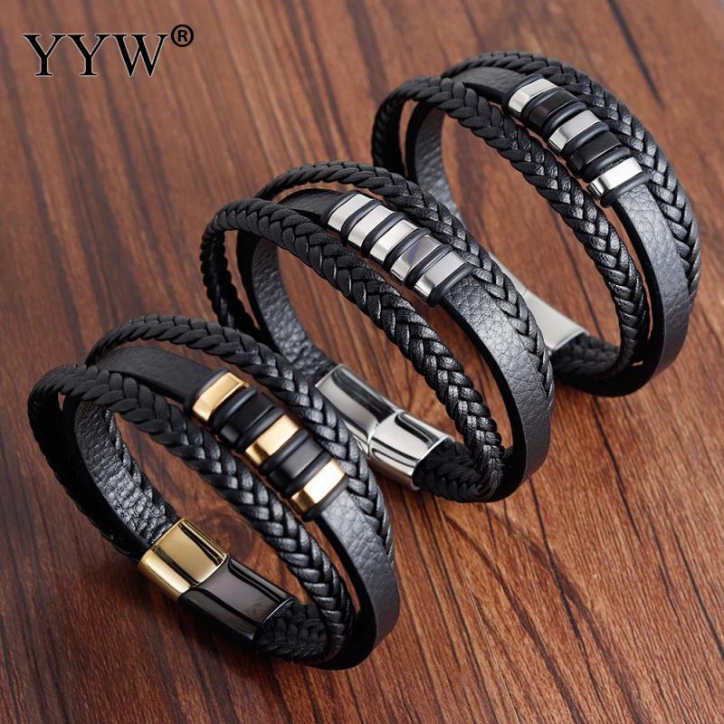 Link, Chain Punk Style Design Genuine Leather Bracelet 3 Layers Black Gold For Men Steel Magnetic Button Birthday Gift Male Bracelets