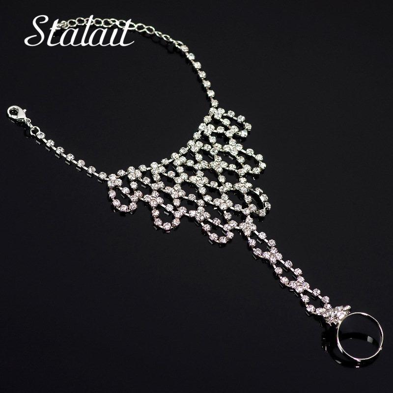 Link, Chain Luxury Hollow Drill Rhinestone Bracelets Charm Geometric Round Ring Silver Color For Female Dance Wedding Gifts