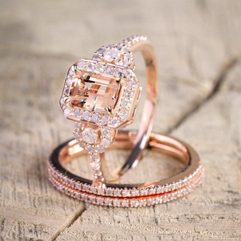 Wedding Rings Fashion Rose Gold Antique Vintage Design Milgrain 2 Carat Round Morganite Ring Set Woman Jewelry Engagement Gift