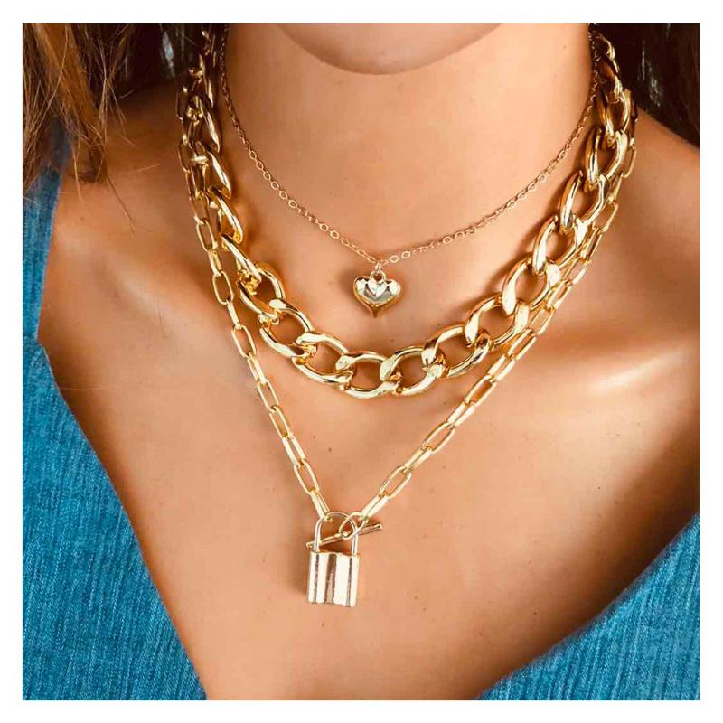 Pendant Necklaces HaHaGirl Fashion Multi-Layer Lock For Women Gold Color Metal Heart Chain Necklace Design Jewelry Gift