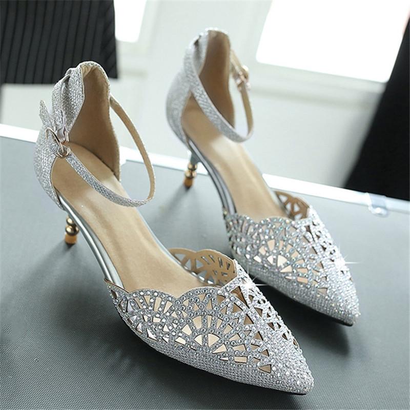 Sandals AGODOR Ladies Rhinestone Summer Glitter Kitten Heels Women Shoes Medium Heel Ankle Strap Wedding Bridal Silver