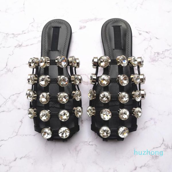 Slippers Schoenen Vrouw Fashion Black White Nude Mesh Glitter Slides Cut Out Flats Summer Beach Shoes Rhinestones Studded Women
