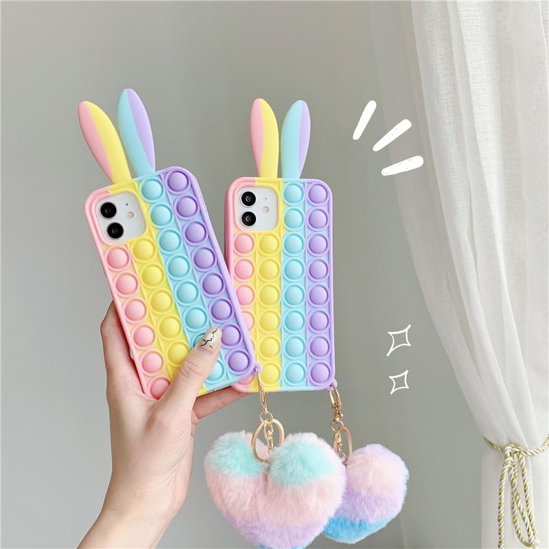 Pop Fidget Reliver Stress rabbit ears Rainbow Phone Cases For iPhone 12 11Pro Max 7 8 Plus Push Bubble Antistress Toys cover