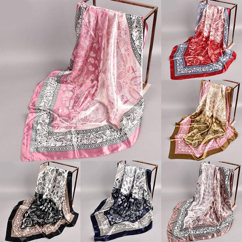 Scarves Fashion Kerchief Hair Scarf For Women Floral Print Silk Satin Hijab Scarfs 90*90cm Square Shawl Headband Ladies 2021